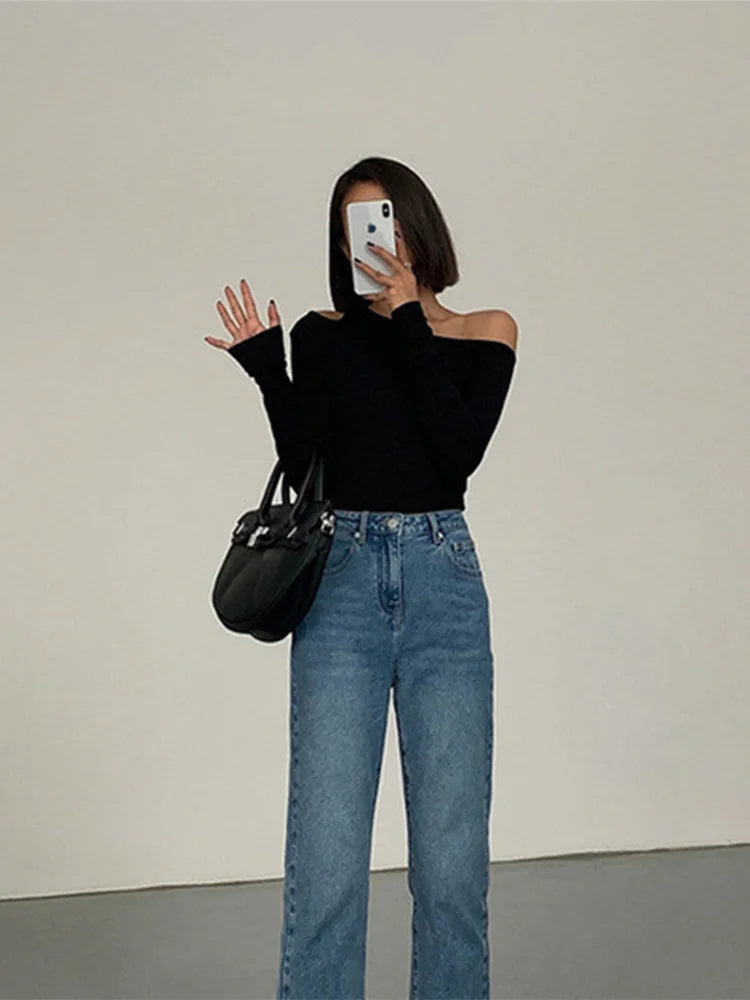 Skew Collar Off-shoulder Long-sleeved T-shirts Women