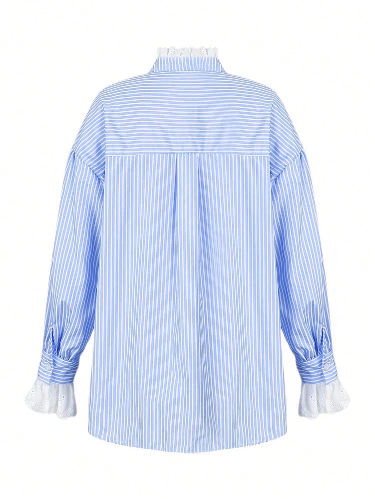 Relaxed-Fit Striped Lace-Panel Blouse
