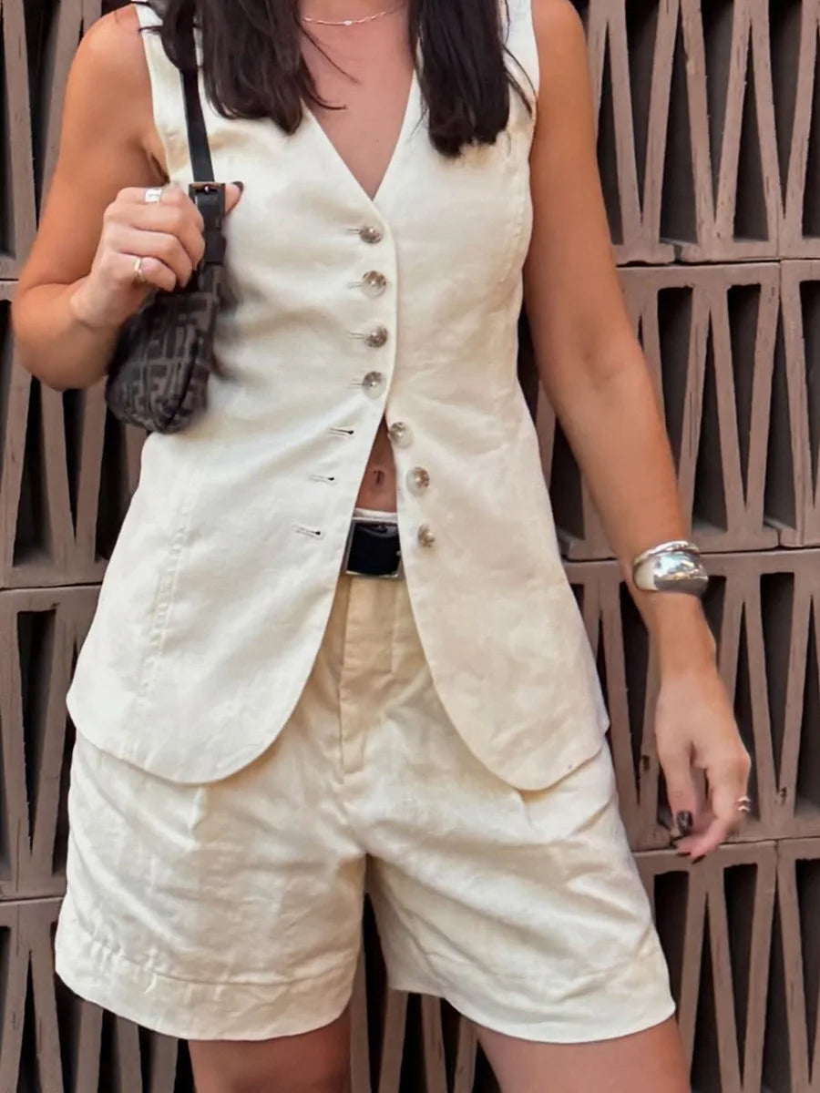 Cotton And Linen - Vest Shorts Set
