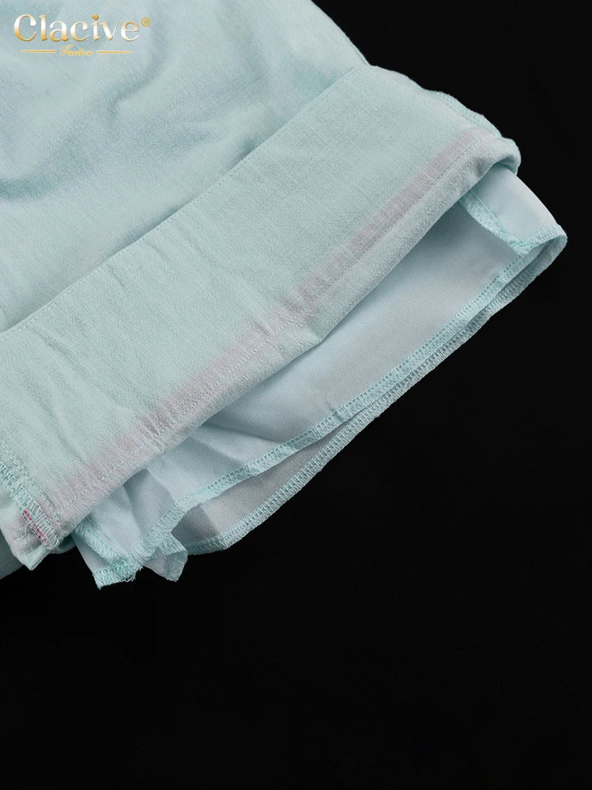 Blue Cotton Two Pieces Set -Long Sleeve Shirt With High Waist Shorts
