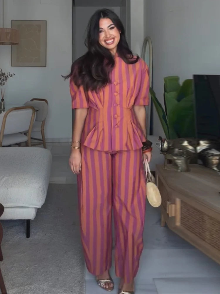 2 Pcs Sets- Striped Short Sleeve Office Lady Suits