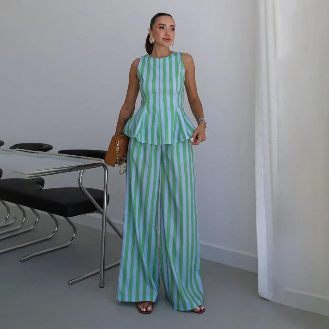 Sleeveless Peplum Top High Waist Wide Leg Pants Elegant Suit