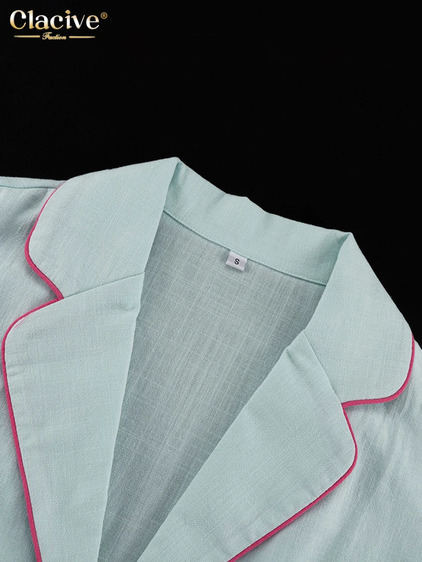 Blue Cotton Two Pieces Set -Long Sleeve Shirt With High Waist Shorts