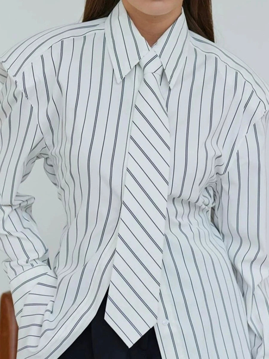 White Loose Spliced Striped Chic Shirts for Women