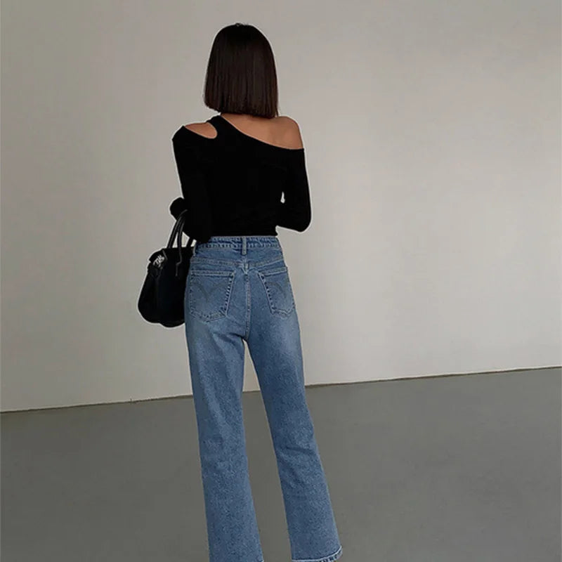 Skew Collar Off-shoulder Long-sleeved T-shirts Women