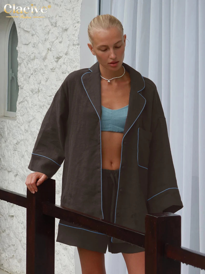 Blue Cotton Two Pieces Set -Long Sleeve Shirt With High Waist Shorts