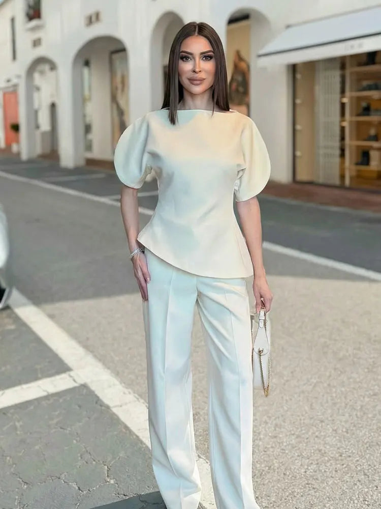 Puff Sleeve Blouse -Asymmetrical Hem