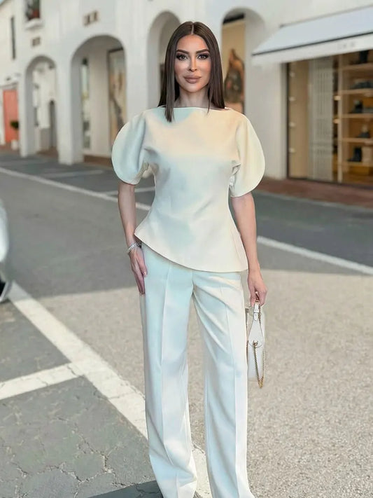 Puff Sleeve Blouse -Asymmetrical Hem