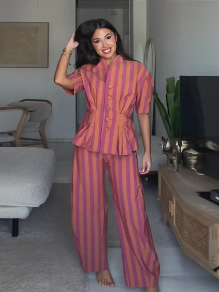 2 Pcs Sets- Striped Short Sleeve Office Lady Suits