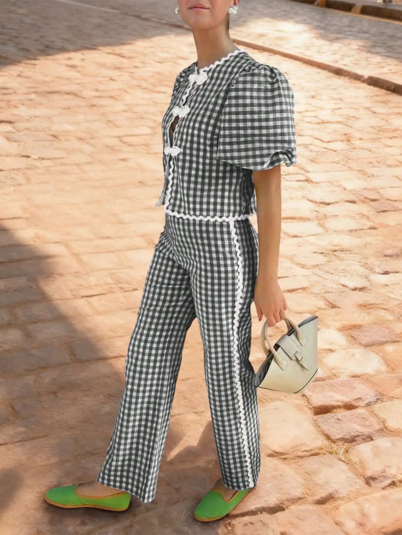 Two Piece Outfit - Puff Sleeve Lace Trim  Set