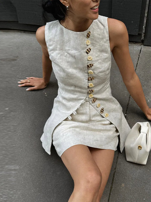 Cotton Linen Vest -Soft Solid Sets 2 Pieces