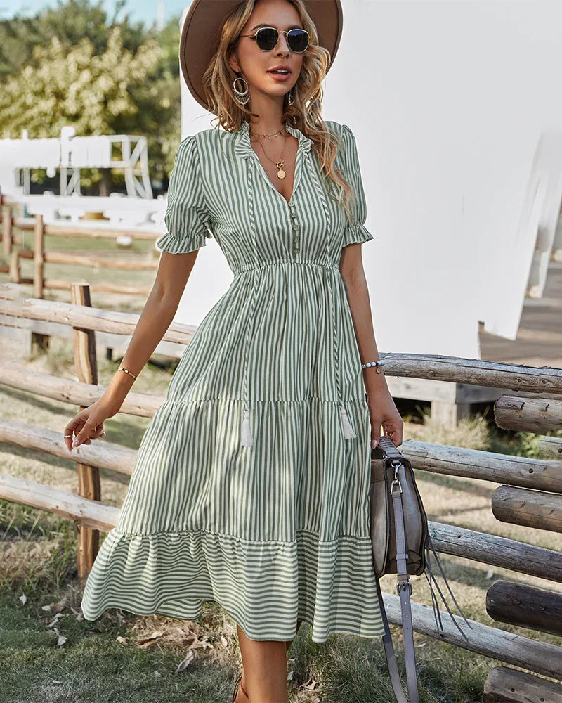 Striped Lantern Sleeve -Summer Dress
