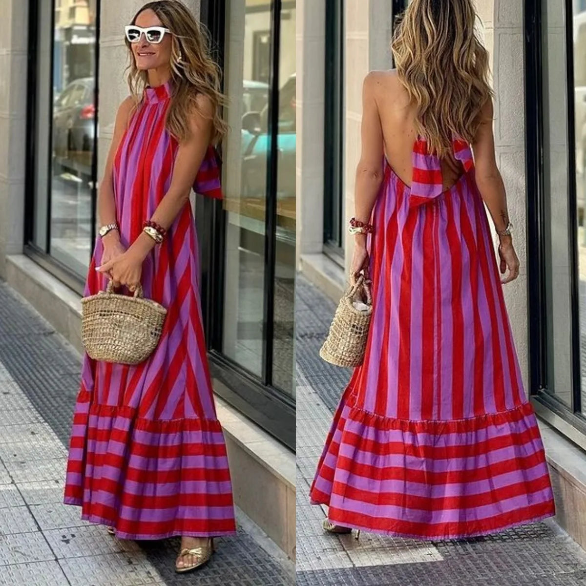 Print Neck Long Dresses-Vacation Dress