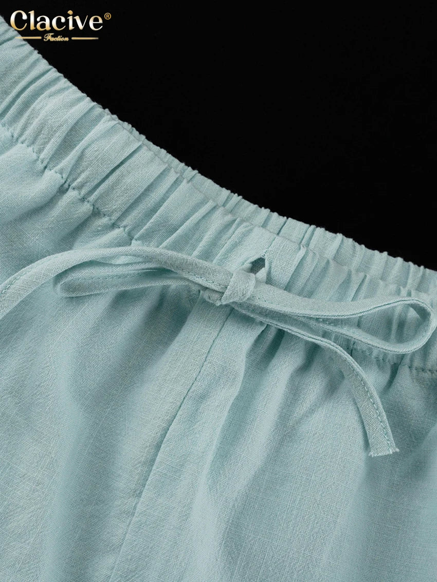 Blue Cotton Two Pieces Set -Long Sleeve Shirt With High Waist Shorts