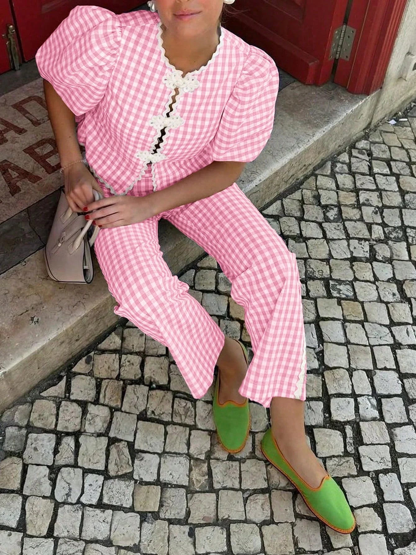 Two Piece Outfit - Puff Sleeve Lace Trim  Set