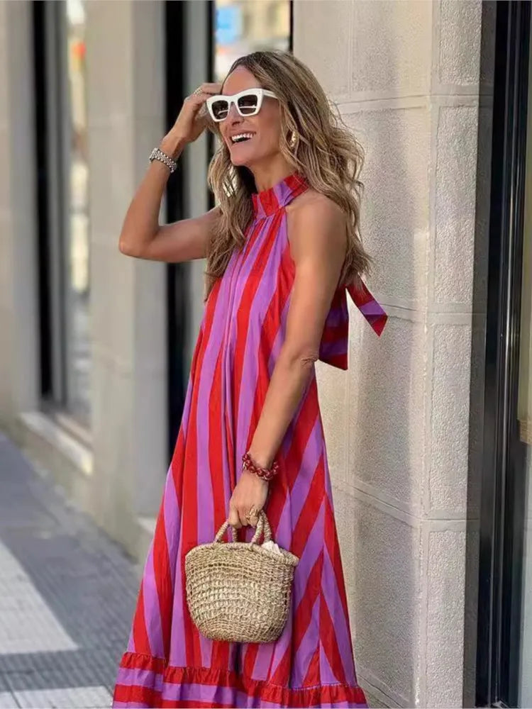 Print Neck Long Dresses-Vacation Dress