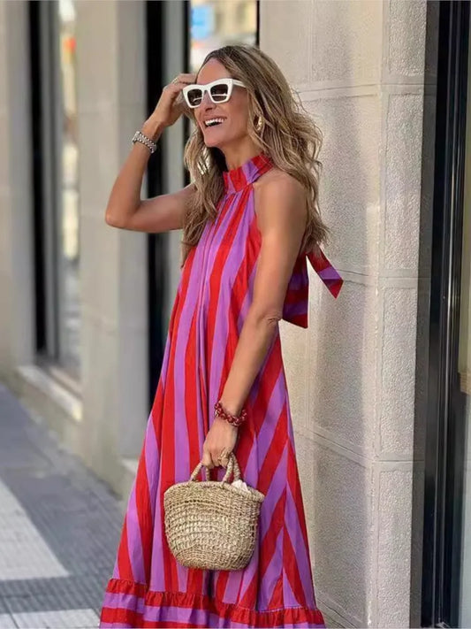 Print Neck Long Dresses-Vacation Dress