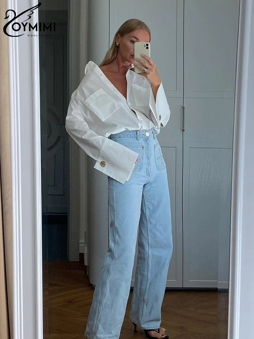White Woman Blouse -Office Lady Shirts Casual Pockets