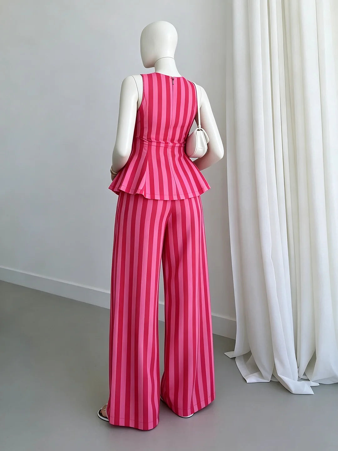 Sleeveless Peplum Top High Waist Wide Leg Pants Elegant Suit
