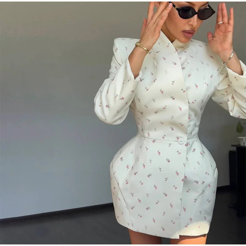 White Floral Shoulder Blazer- Long Sleeve