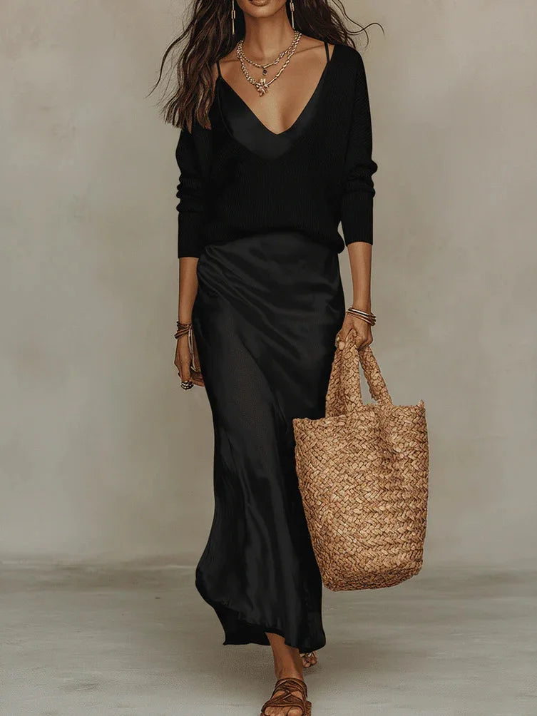 Satin Maxi Dress - Evening Dresses with Long Sleeve