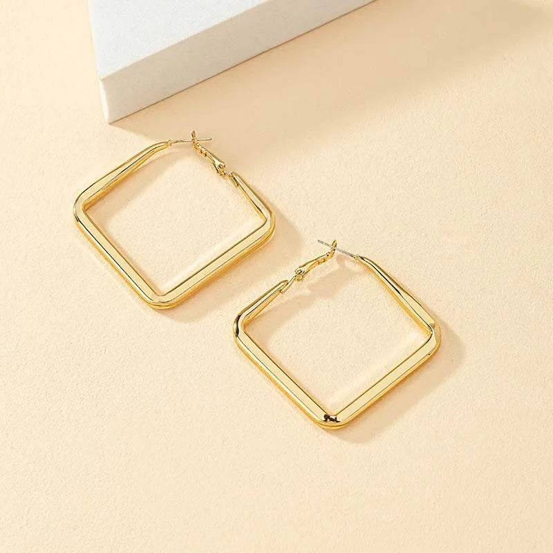 Gold Big Square Hoop Earrings -Metal Geometric Earrings