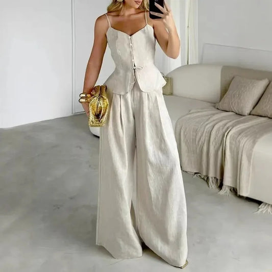 Spaghetti Cotton linen Strap -Length Pants Set