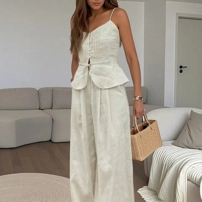Spaghetti Cotton linen Strap -Length Pants Set