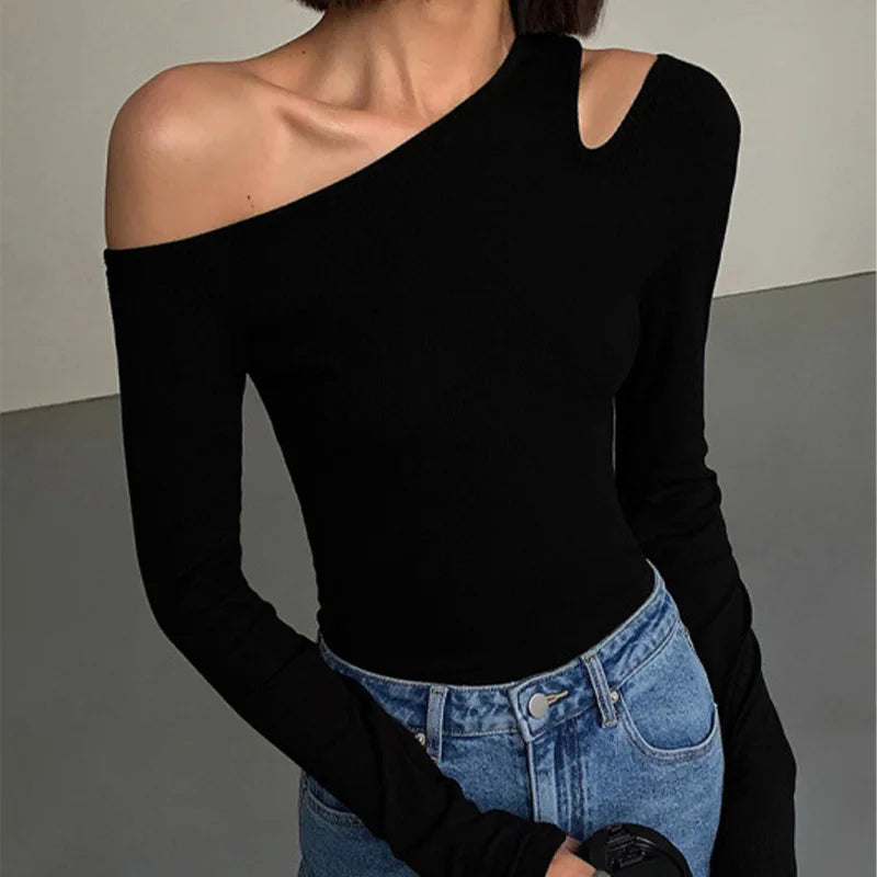 Skew Collar Off-shoulder Long-sleeved T-shirts Women