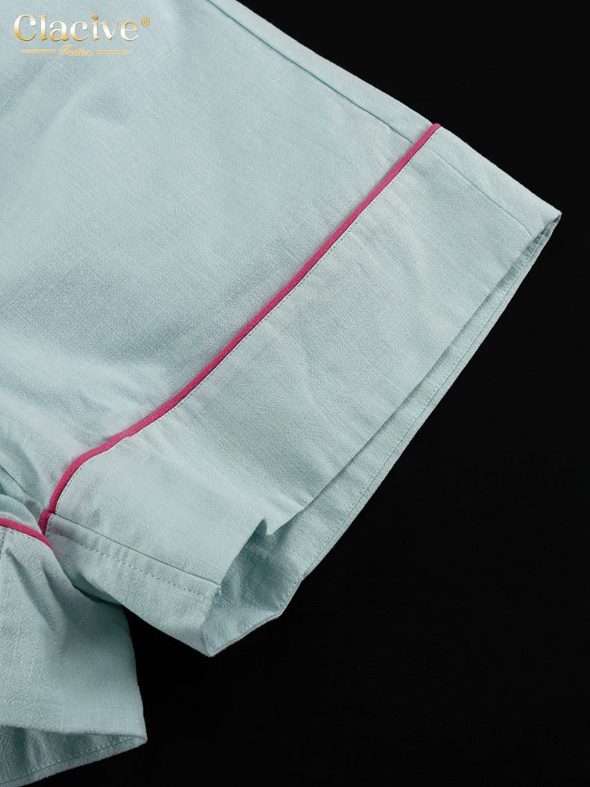 Blue Cotton Two Pieces Set -Long Sleeve Shirt With High Waist Shorts