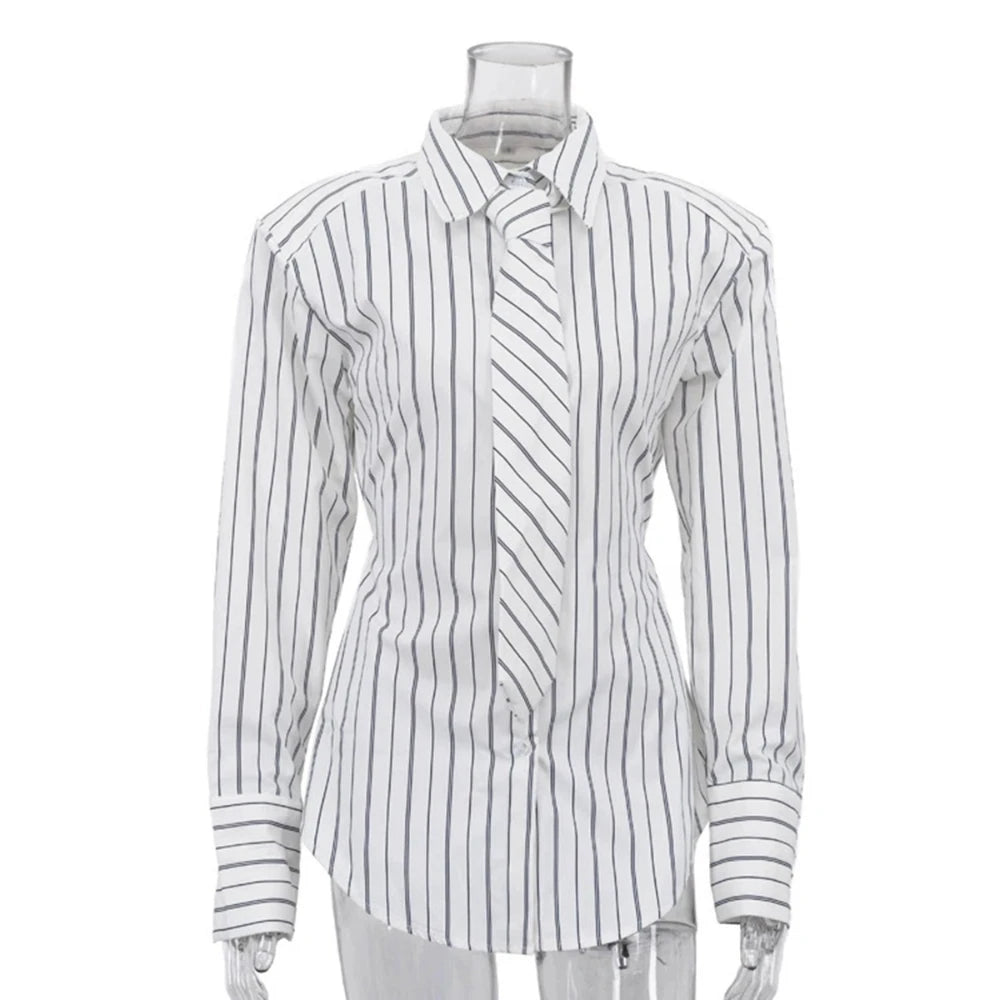 White Loose Spliced Striped Chic Shirts for Women