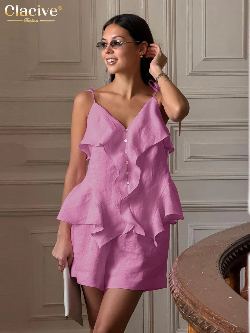 Pink Cotton 2 Pieces Set -Tank Top With High Waist Shorts Set