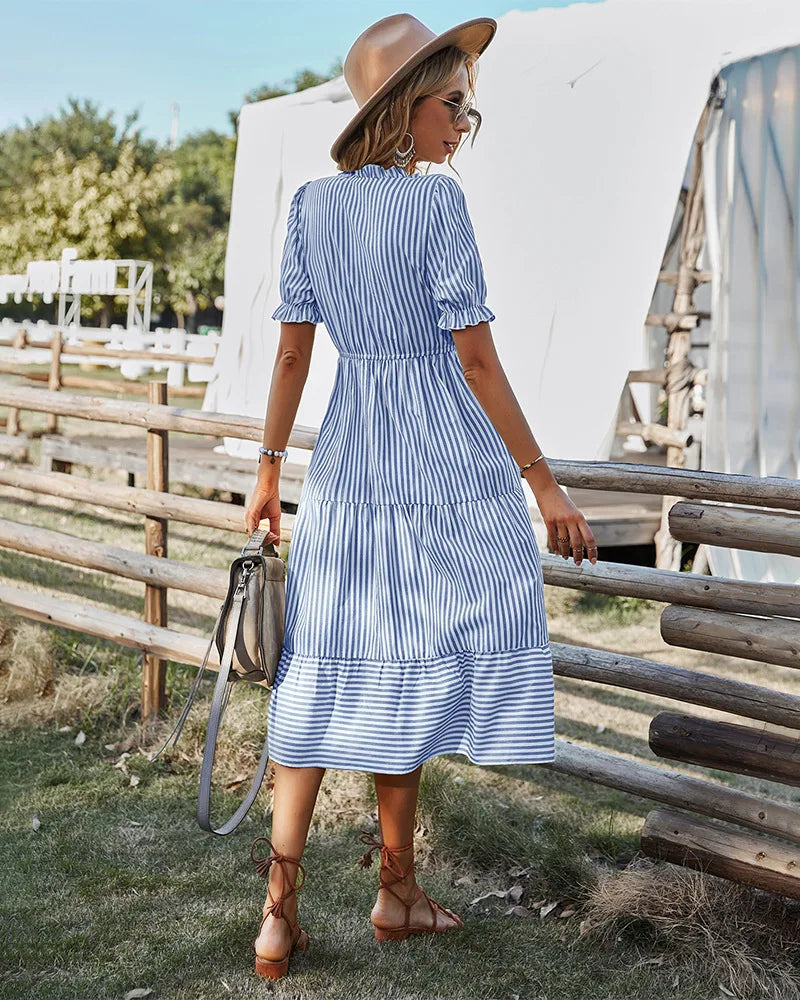 Striped Lantern Sleeve -Summer Dress
