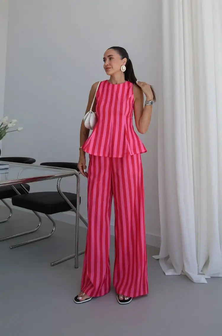 Sleeveless Peplum Top High Waist Wide Leg Pants Elegant Suit