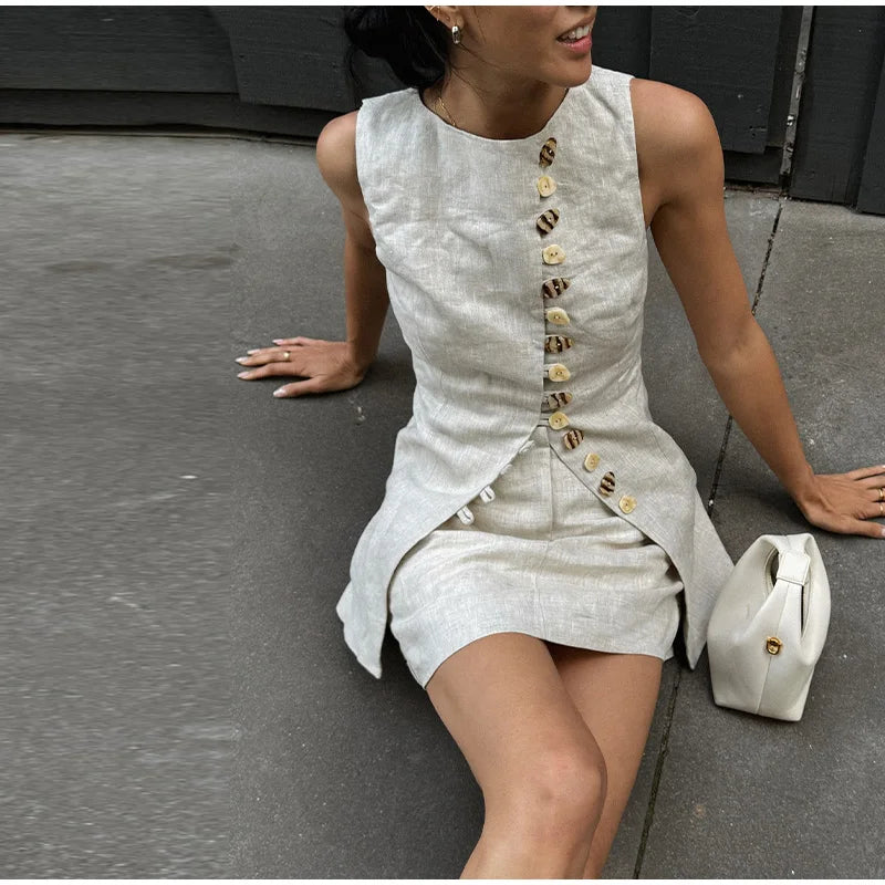 Cotton Linen Vest -Soft Solid Sets 2 Pieces