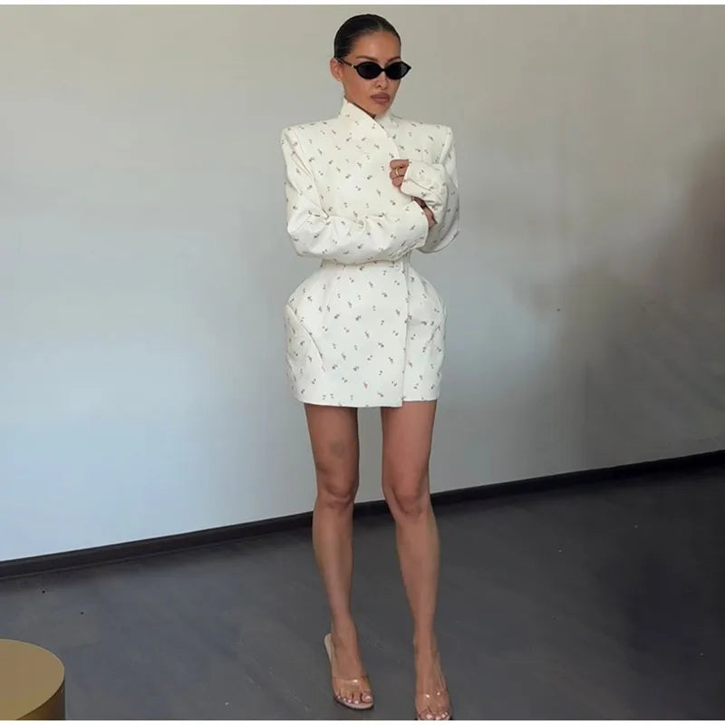 White Floral Shoulder Blazer- Long Sleeve