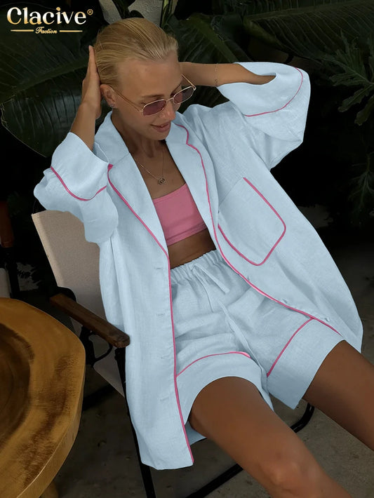 Blue Cotton Two Pieces Set -Long Sleeve Shirt With High Waist Shorts