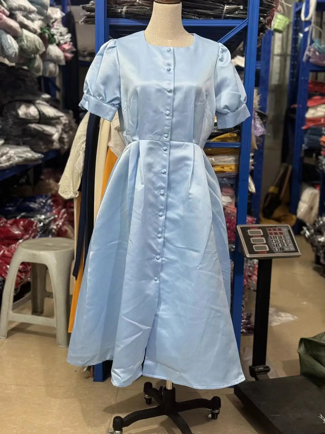 Button Midi Dress -Puff Sleeve