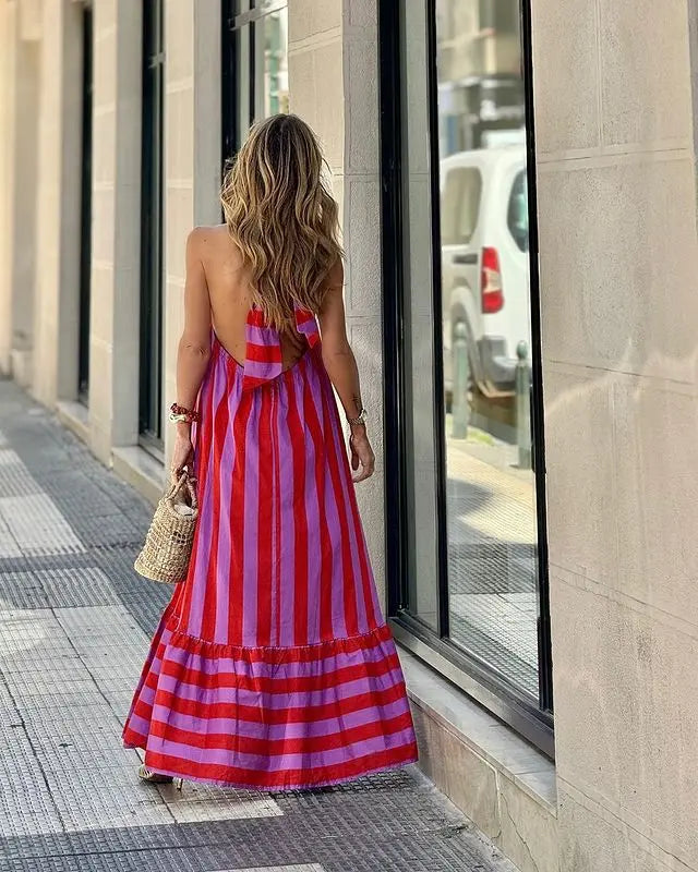 Print Neck Long Dresses-Vacation Dress