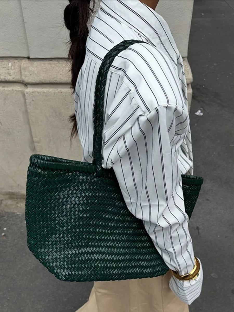 White Loose Spliced Striped Chic Shirts for Women