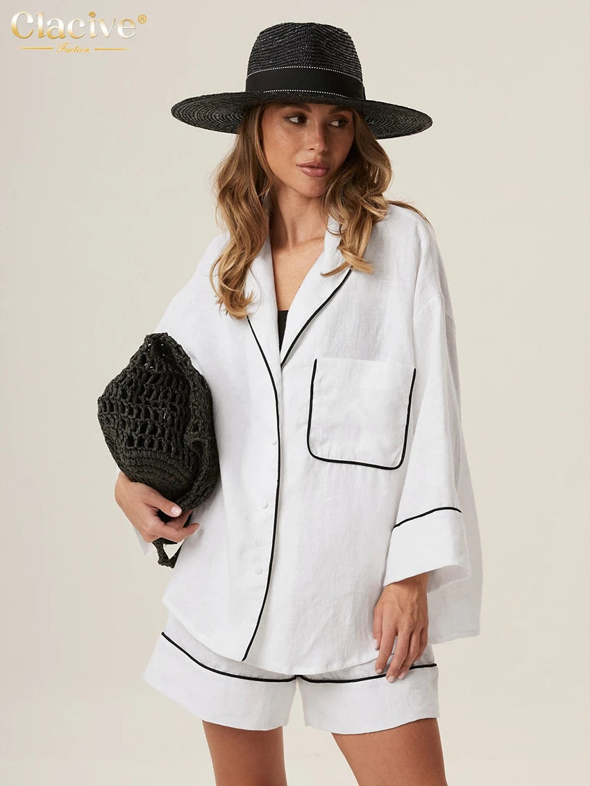 Blue Cotton Two Pieces Set -Long Sleeve Shirt With High Waist Shorts