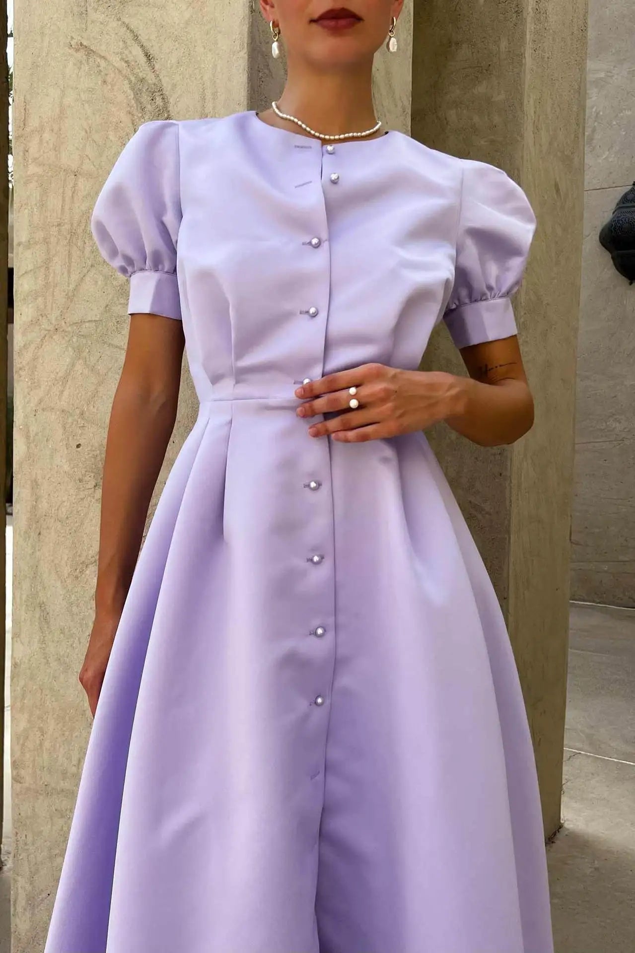 Button Midi Dress -Puff Sleeve