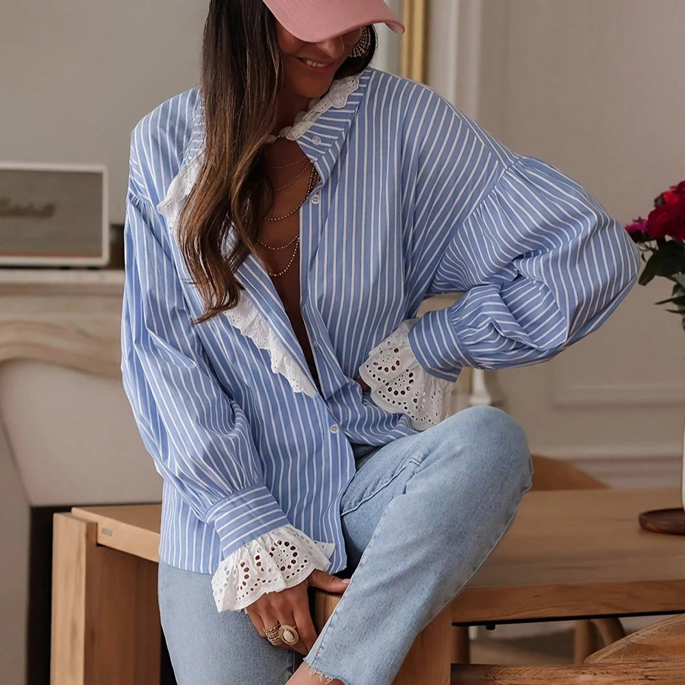 Relaxed-Fit Striped Lace-Panel Blouse