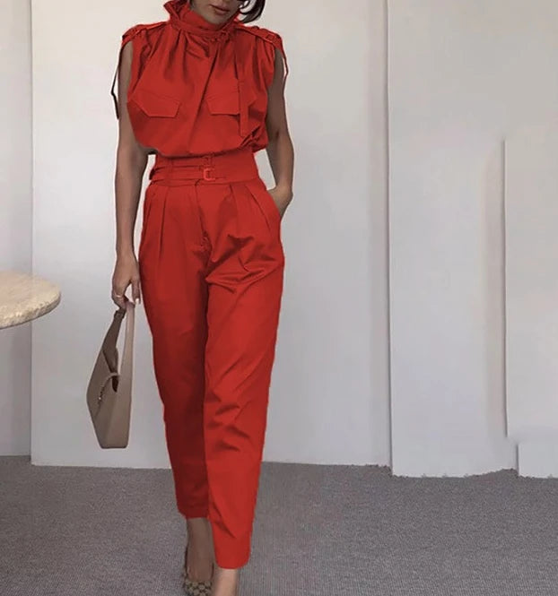 Two Piece Sets - Belt Decorative Pants Set