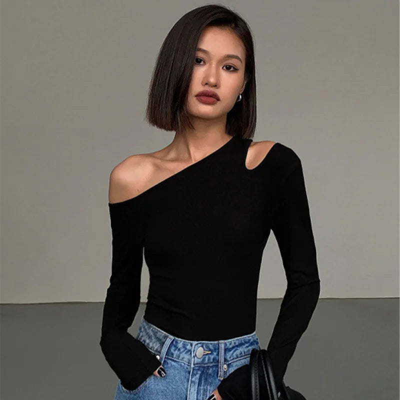 Skew Collar Off-shoulder Long-sleeved T-shirts Women