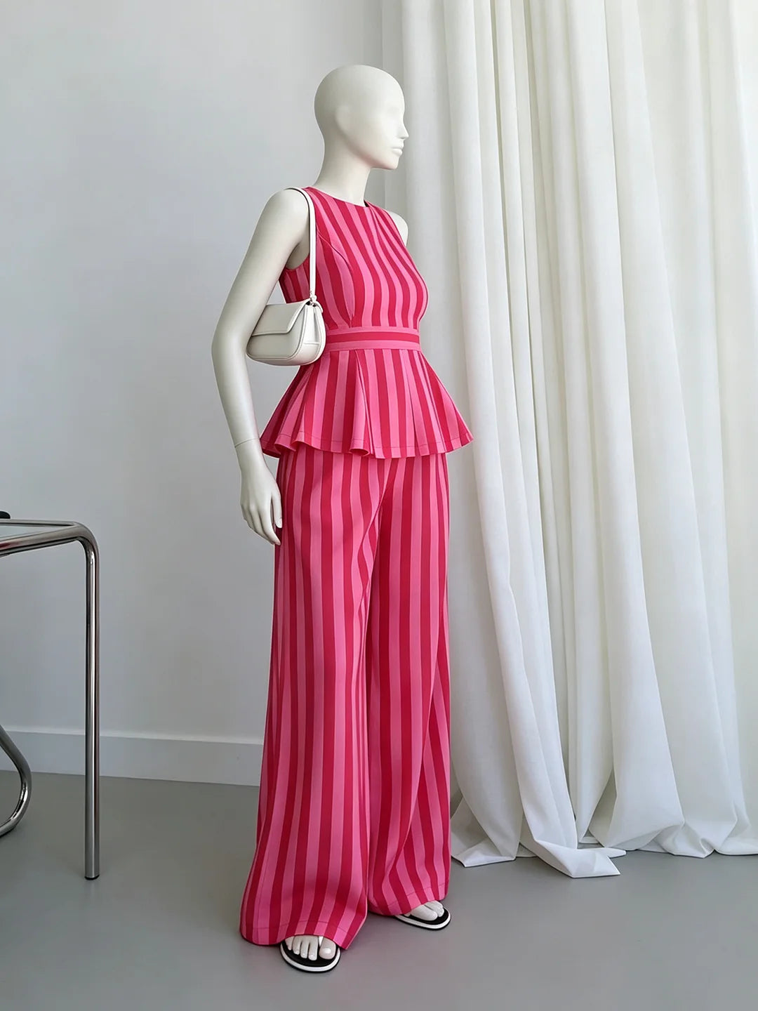 Sleeveless Peplum Top High Waist Wide Leg Pants Elegant Suit