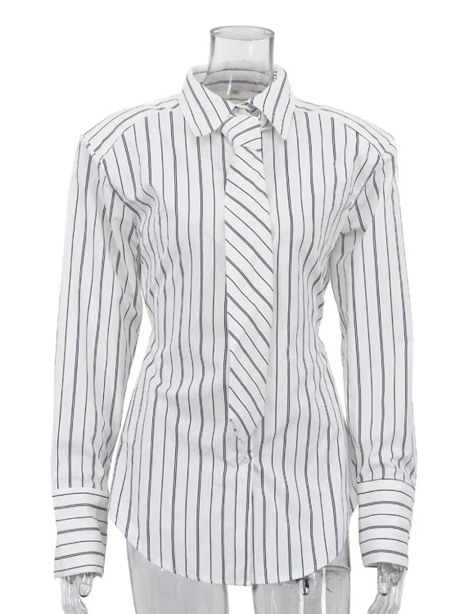 White Loose Spliced Striped Chic Shirts for Women