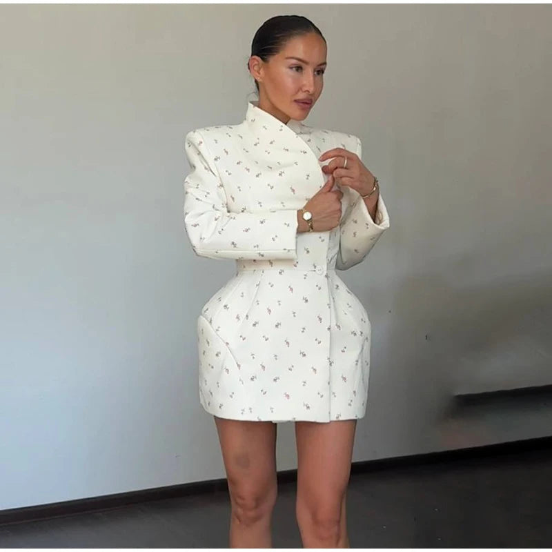 White Floral Shoulder Blazer- Long Sleeve