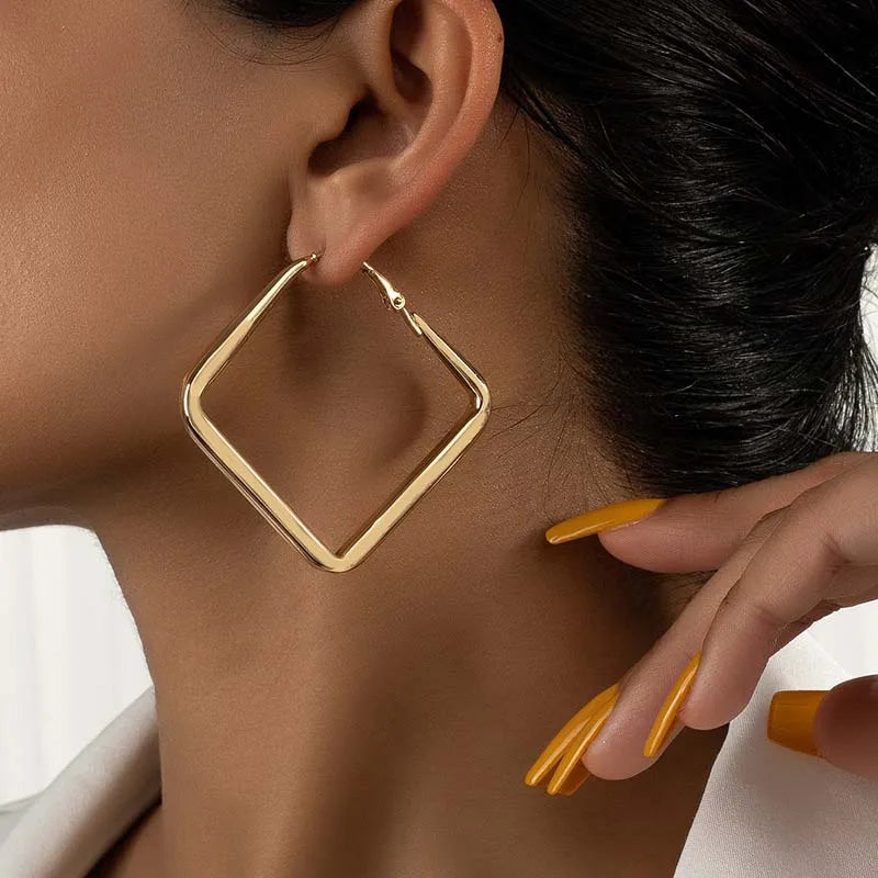 Gold Big Square Hoop Earrings -Metal Geometric Earrings
