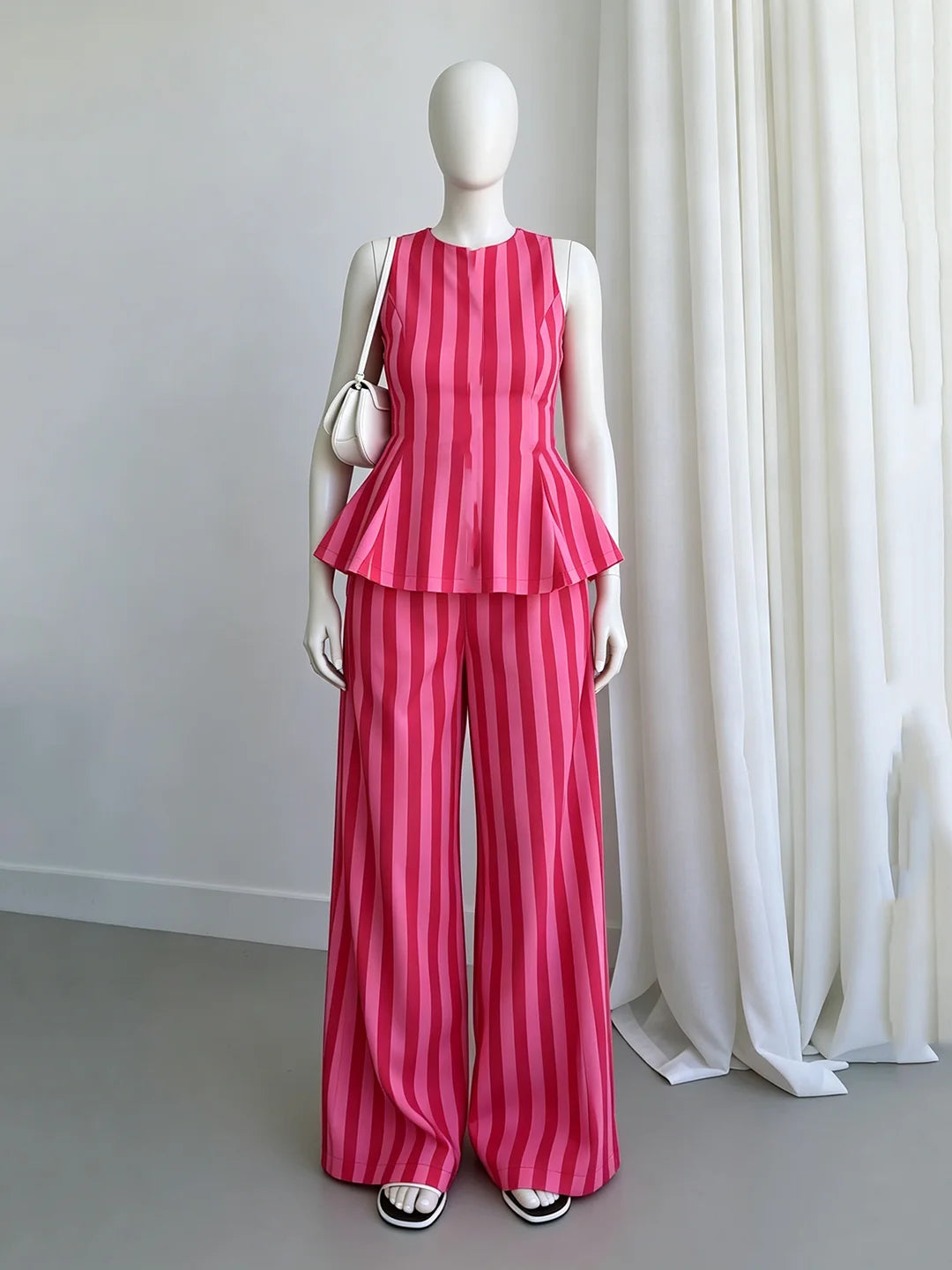 Sleeveless Peplum Top High Waist Wide Leg Pants Elegant Suit